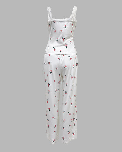 Women's Ditsy Floral Print 2 Piece Pajamas Set Lace Cami Top and Pants Casual Loungewear Bowknot Sleepwear