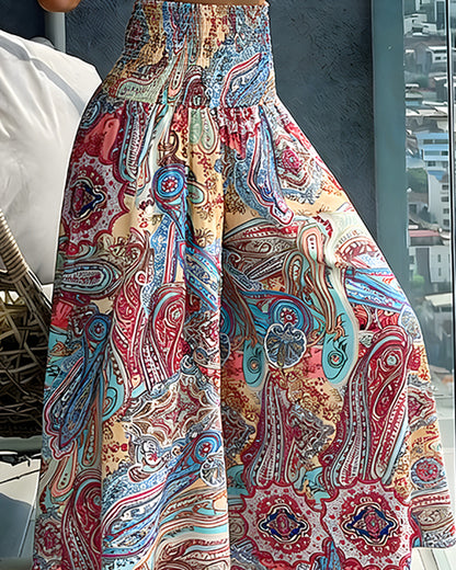 CHICME Women's Vintage Print Wide Leg Pants High Waisted Shirred Waist A-Line Trousers Flowy Boho Vacation Palazzo Pants