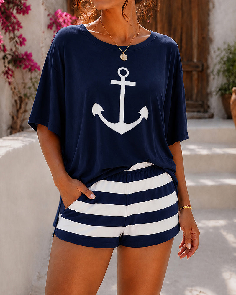 Women's Loungewear Set Anchor Print Side Slit Top and Striped Shorts Set Casual Pajamas Set with Pockets