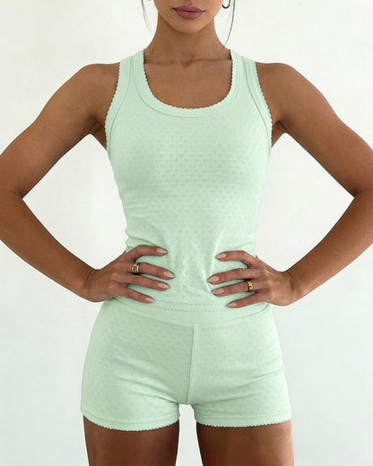 Women's 2 Piece Knit Lounge Set Heart Jacquard Racerback Tank Top and High Waist Shorts Slim Fit Stretchy Outfits