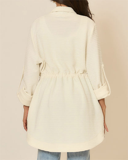Women's Textured Drawstring Waist Lapel Coat Mid-length Roll Up Sleeve Button Front Trench Jacket