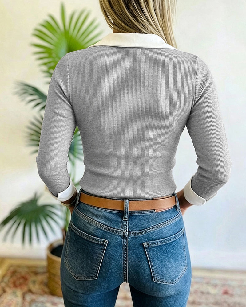 Women's Contrast Lapel Collar Faux Two-Piece Knit Top Long Sleeve Slim Fit Top