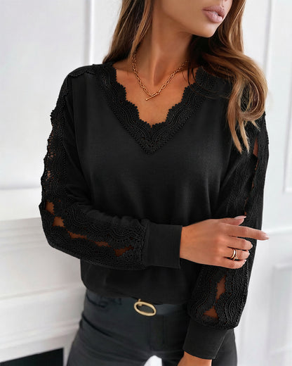 Women's Lace Patchwork V-Neck Top Hollow Out Drop Shoulder Long Sleeve Knit Pullover Elegant Loose Fit Casual Tee