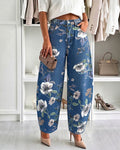 Damen-Jeans mit Vintage-Blumenmuster, Baggy-Jeans, lässige, hoch taillierte, verkürzte Barrel-Jeans