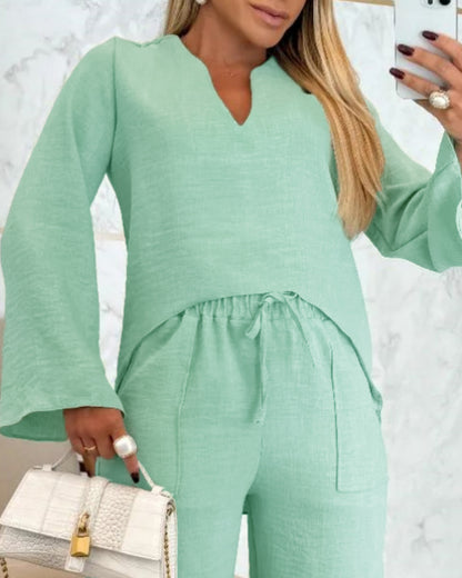 2 Piece Notch Neck Long Sleeve Asymmetrical Hem Tops Stretchy Waist Straight Leg Pants Lounge Sets Tracksuit