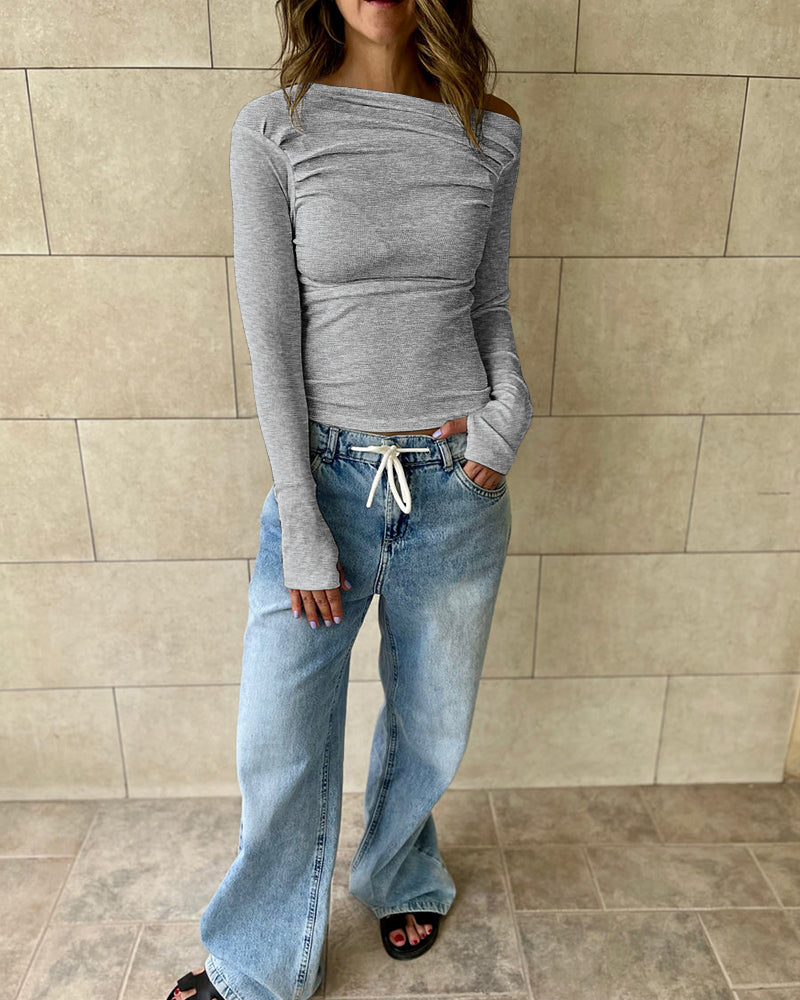Skew Neck Long Sleeve Ruched Tee Casual Slim Fit Top with Thumb Hole Cuffs