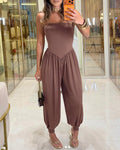 Women's Strapless Tube Jumpsuit Sexy V Waist Harem Jumpsuit with Detachable Clear Straps