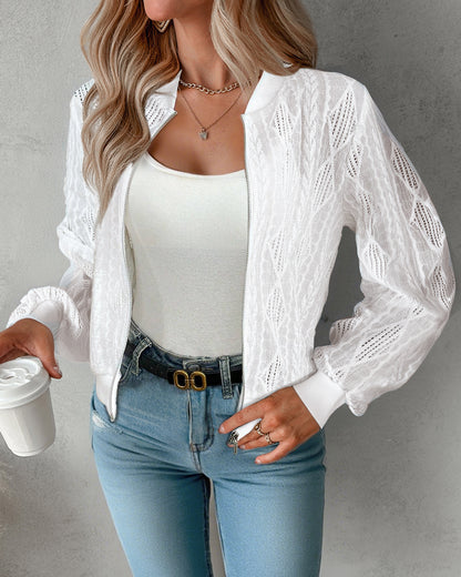 Jacquard & Diamond Pattern Design Hollow-out Lightweight Baseball Coat Casual Zip Up Bomber Jacket