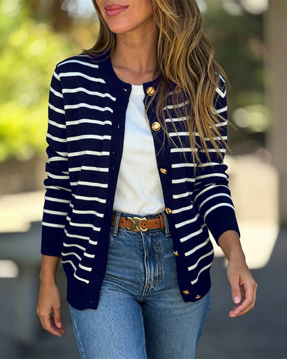 Women's Striped Knit Cardigan Casual Crewneck Button Down Sweater Vintage French Style Long Sleeve Top