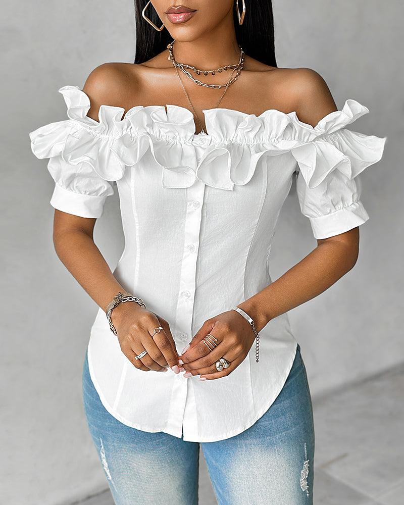 Off the Shoulder Short Sleeve Blouses Asymmetrical Button Ruffles Blouses
