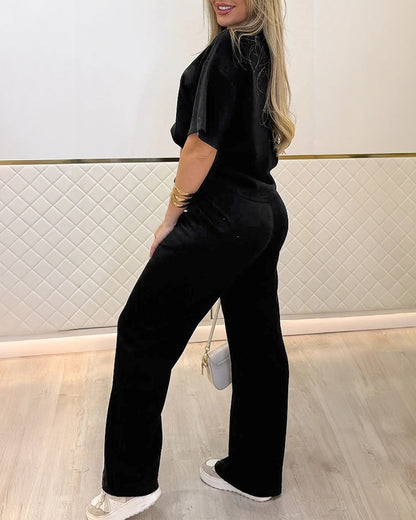 2 Pieces Outfit O-neck Short Sleeve Side Slit Top and Casual Drawstring Elastic Waist Seam Front Wide Leg Pants Set