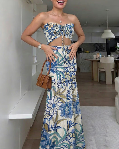 CHICME Women's Tropical Floral Bandeau Dress Sexy Drawstring Cutout Shirred Waist Mermaid Dress Ruffle Hem Vacation Maxi Dress