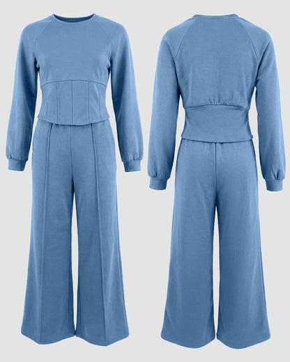 2 Pieces Outfit O-neck Long Sleeve Cinched Waist Sweatshirt and Elastic Waist Wide Leg Pants Set Casual Seam Design Sweatpants Set