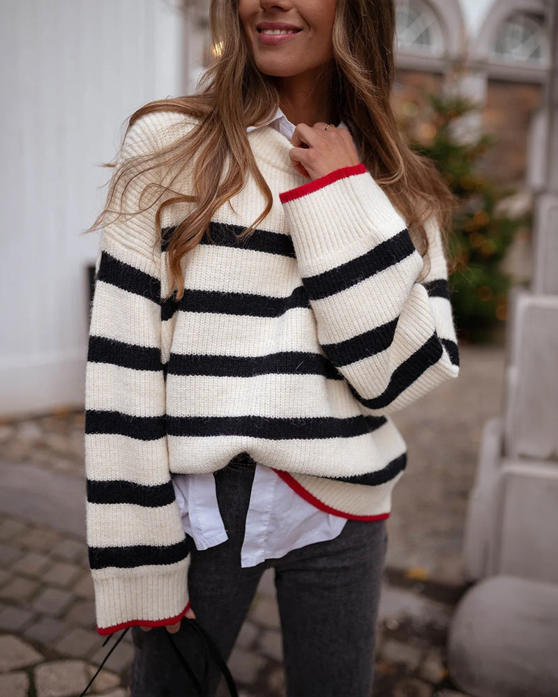 Women's Striped Crew Neck Loose Fit Chunky Knit Sweater Contrast Binding Top