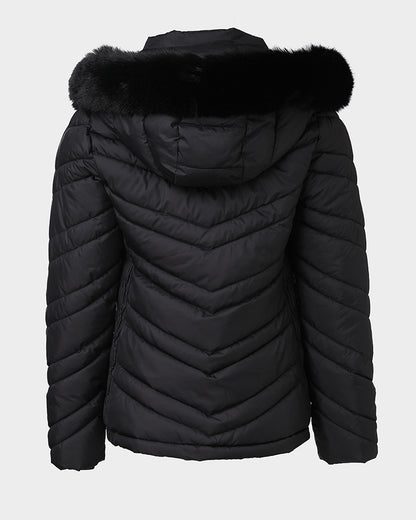 Zipper Pocket Design Shirred Fuzzy Trim Fleece Lined Hooded Puffer Jacket