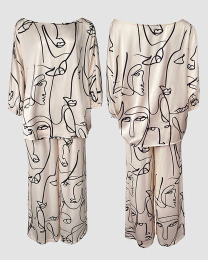 Women's Abstract Face Print Two Piece Outfits Boat Neck Batwing Sleeve Top and High Waisted Wide Leg Pants Set with Pockets