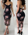 Women's Sexy Floral Mesh Bodycon Dress Rhinestone Embellished V-Neck Cami Dress High Slit Party Dress