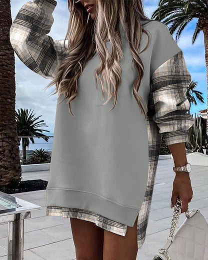 Plaid Print Spliced Long Sleeve Drop Shoulder Sweatshirt Casual Side Slit Top