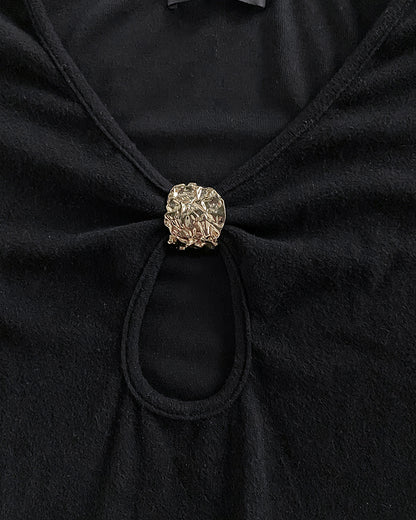 Metal Decor V-Neck Long Sleeve Sexy Hollow-out Slim Fit Top