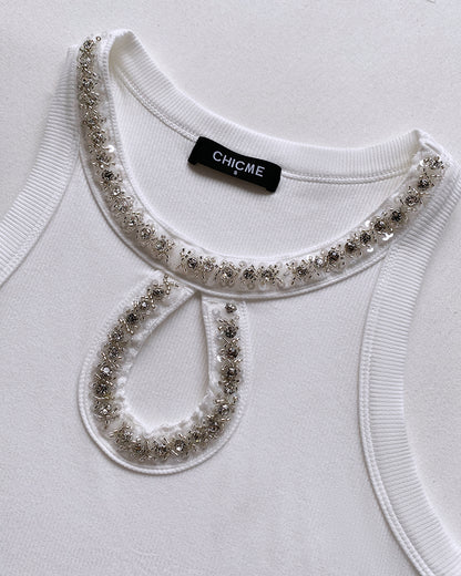 Rhinestone Contrast Sequin Keyhole Neck Sleeveless Slim Fit Elasticity Ribbed Top Elegant Tank