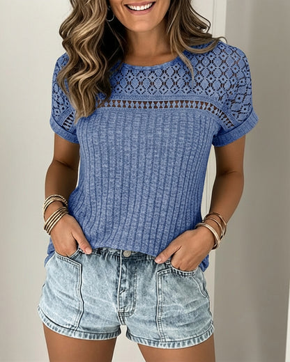 Lace Spliced Round Neck Rolled Cuffs Tee Casual Short Sleeve Ribbed Brushed Top