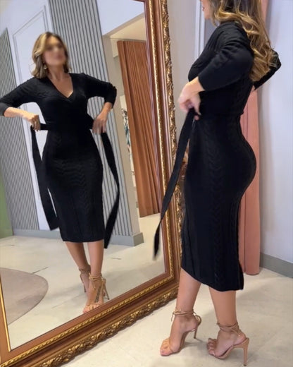 Cable Textured Overlap Deep V Neck Long Sleeve Mid Length Dress Tie Waist Slim Fit Knit Dress