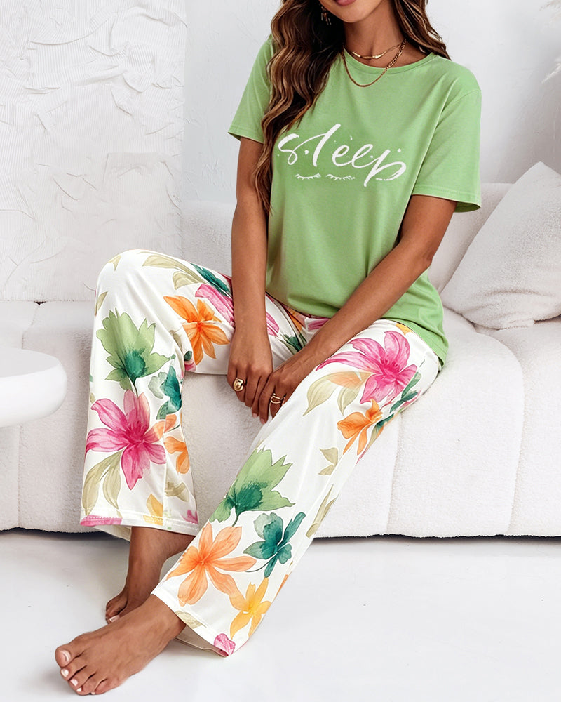 Women's 2 Piece Pajama Set Sleep Letter Print Top and High Waisted Floral Pants Casual Loungewear with Pockets