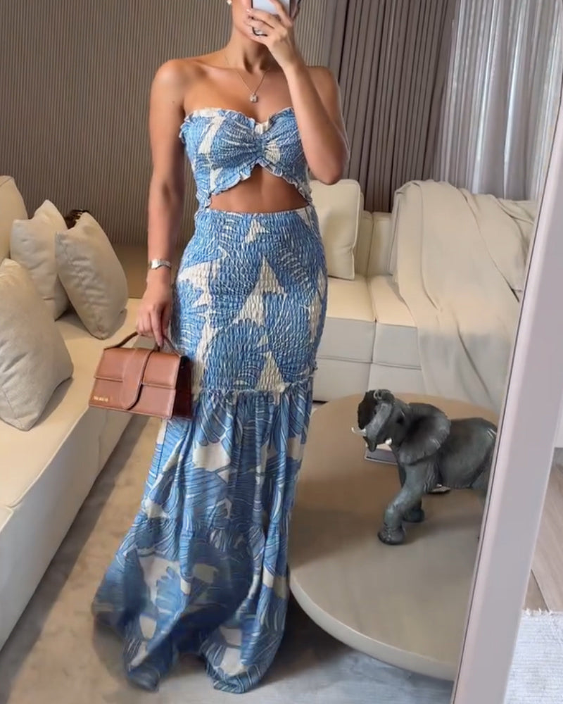 Tropical Print Halter Tie Shirred Frill Trim Cinched Waist Vacation Dress Ruched Cutout Front Slim Fit Ruffle Hem Mermaid Dress