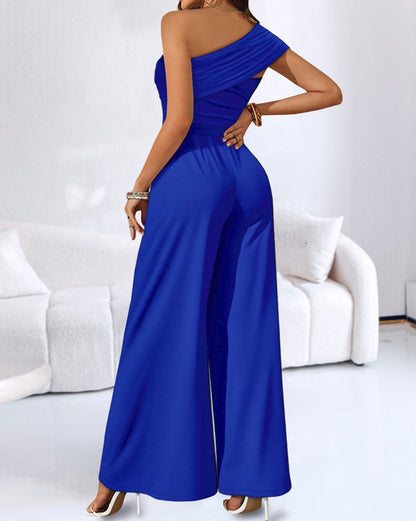 Cold Shoulder Ruched Buckle Wide Leg Jumpsuit