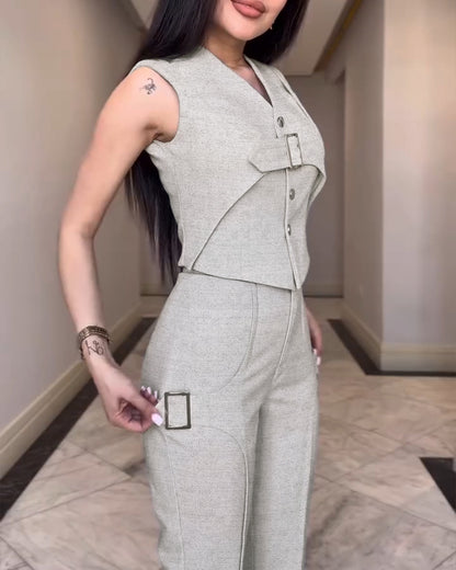 2 Pieces Outfit Sleeveless Button Front Buckle Design Vest and Casual High Waist Slim Fit Pants Set