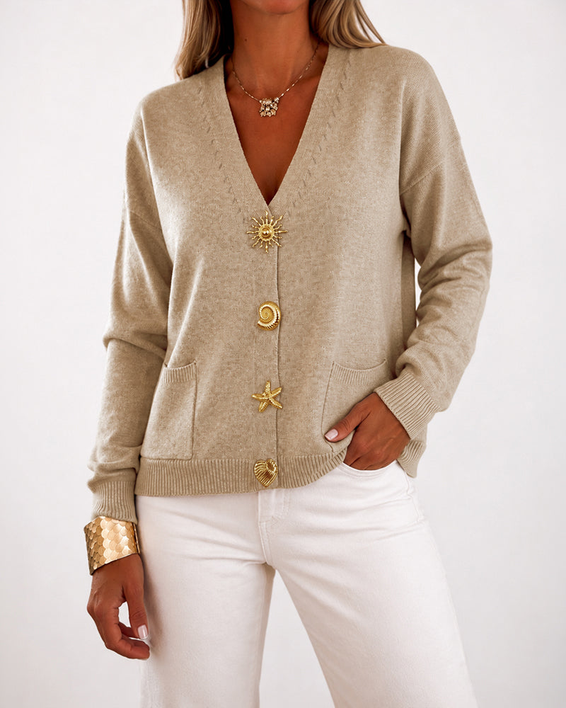 Women's Gold Button Knit Cardigan V Neck Sweater with Pockets