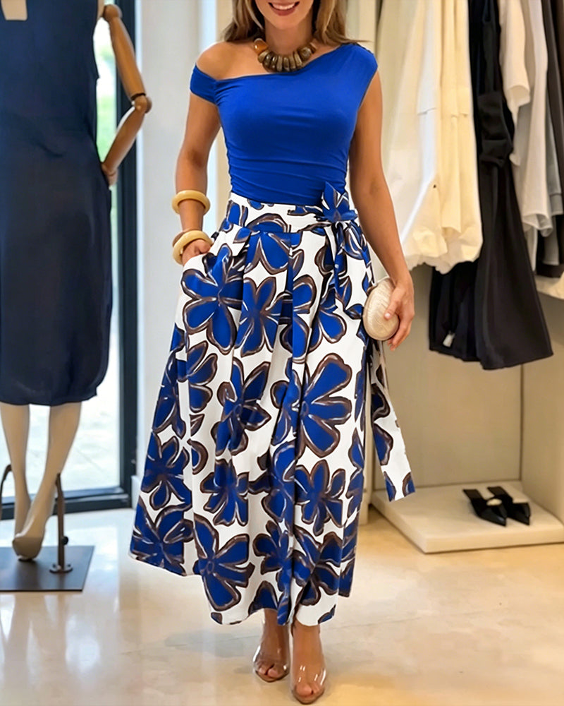 Women's 2 Piece Skirt Set Skew Neck Ruched Slim Fit Top and High Waisted Floral Print A Line Skirt with Pockets