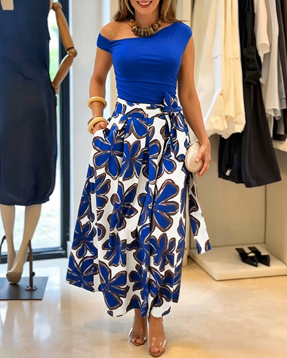 Women's 2 Piece Skirt Set Skew Neck Ruched Slim Fit Top and High Waisted Floral Print A Line Skirt with Pockets