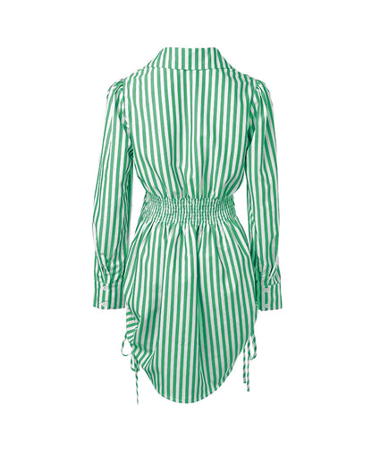 Striped Turn-down Collar Long Sleeve Dress Button Drwastring  Shirred Dress