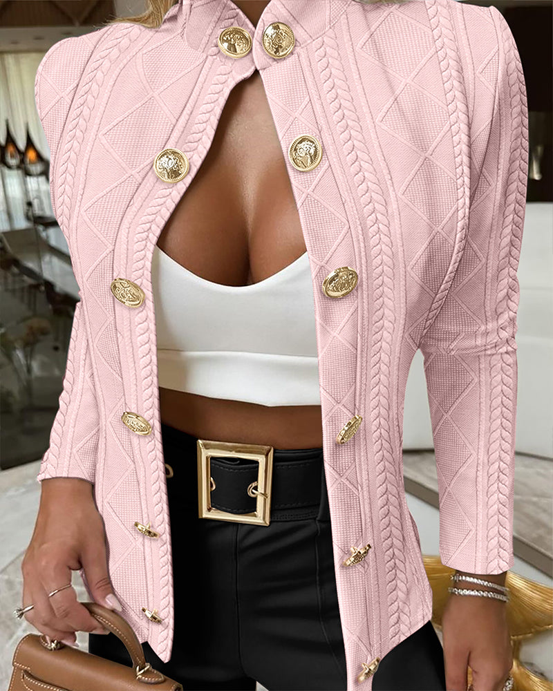 Metal Double Breasted Decor Stand Collar Argyle & Cable Textured Coat