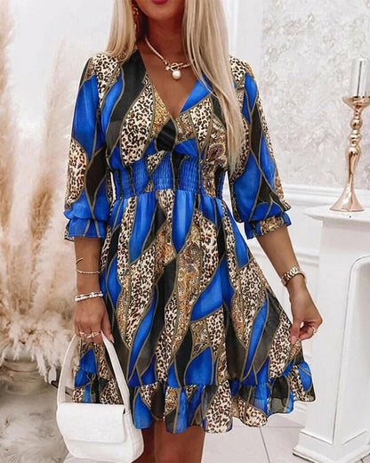 Colorblock Geometric & Leopard Print Spliced Overlap V Neck Flared Cuffs A Line Dress Casual Shirred Waist Ruffle Hem Vacation Chiffon Dress