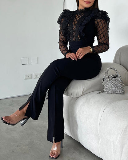 Elegant Mesh See Through Long Sleeve Jumpsuits Contrast Lace Sequin Patch Casual Overalls
