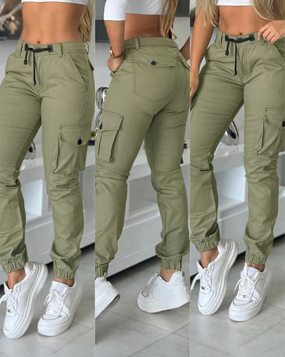 Zipper Fly Drawstring Elastic Back Waist Cuffed Trousers Casual Multiple Flap Pockets Design Cargo Pants