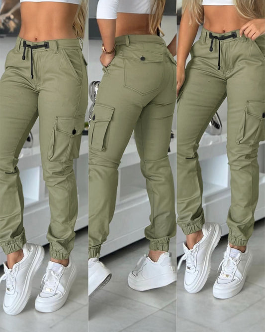 Zipper Fly Drawstring Elastic Back Waist Cuffed Trousers Casual Multiple Flap Pockets Design Cargo Pants