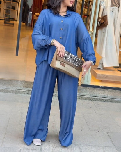Women's Denim Look 2 Piece Outfits Button Down Shirt and High Waisted Wide Leg Pants Set Casual Commuting Set