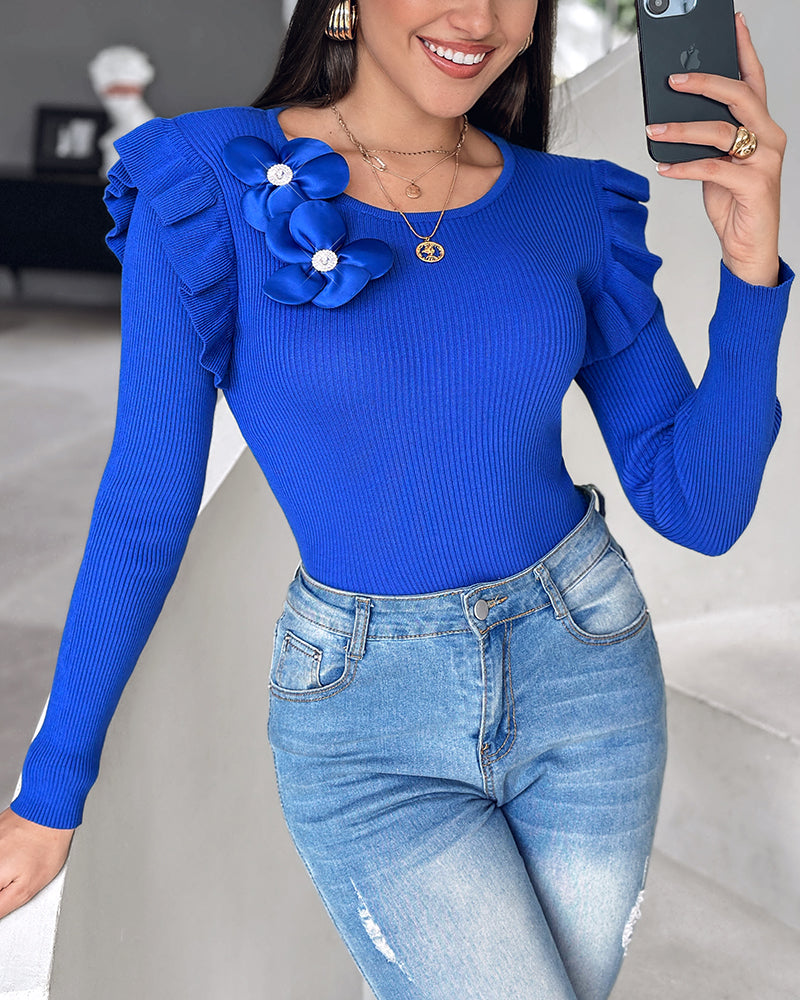 Floral Decor Ruffle Hem Pullover Knit Sweaters Long Sleeve Crewneck Tops 3 Floral Decor Ruffle Hem Pullover Knit Sweaters Long Sleeve Crewneck Tops - Image 3