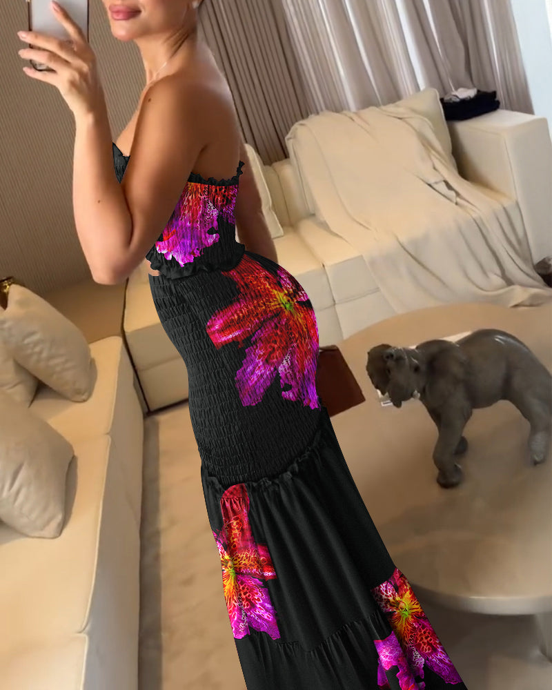 Floral Print Bandeau Sleeveless Shirred Hollow-out Maxi Dress