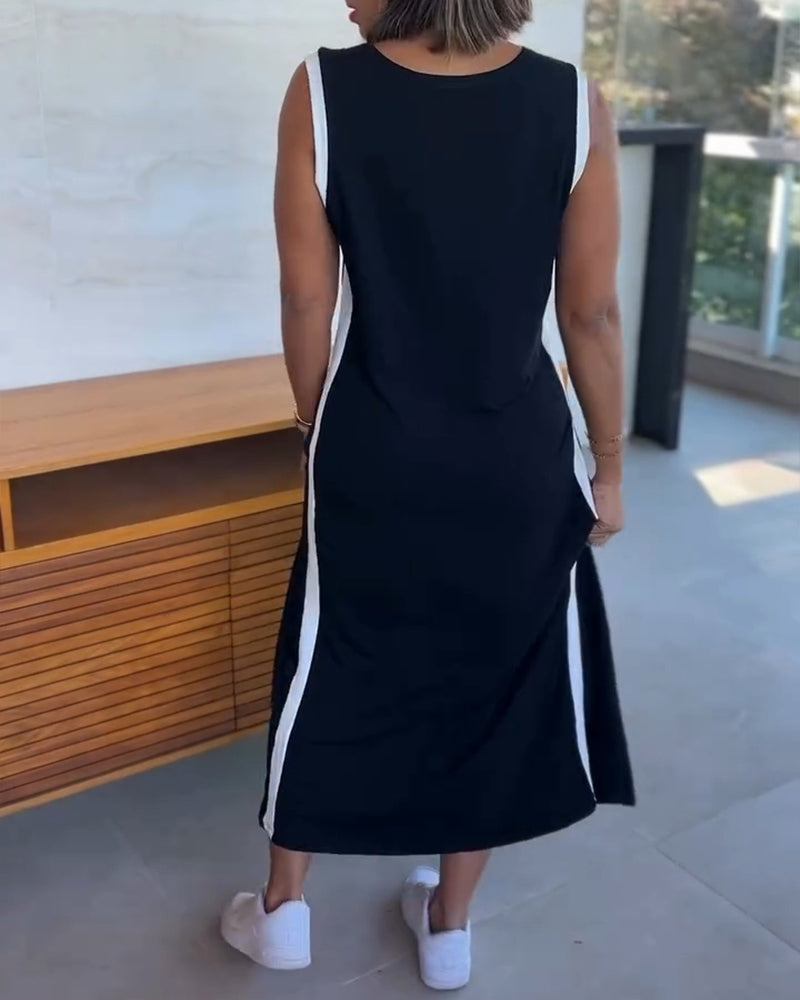 Striped Sleeveless Plunge Neckline Midi Dress with Slit Detail Casual Loose Fit A Line Dress