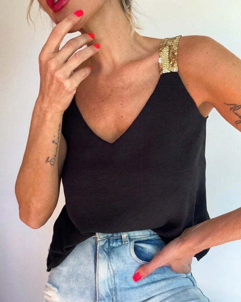 V-Neck Sequin Decor Thick Straps Tank Casual Backless Textured Tank Top