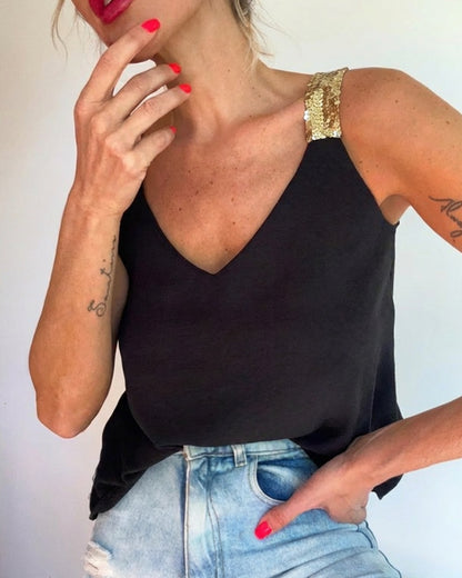 V-Neck Sequin Decor Thick Straps Tank Casual Backless Textured Tank Top