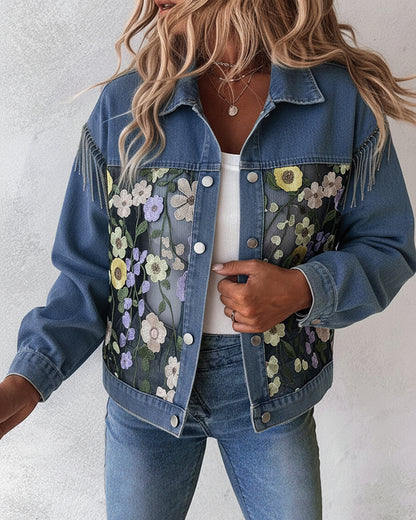Colorblock 3D Flower Lace Embroidery Patch Denim Coat Casual Turn-down Collar Jacket