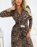 Women's Leopard Print Long Sleeve V-Neck Midi Dress Ruched Front Slit Dress