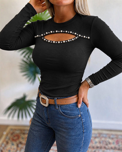 Women's Pearl Rhinestone Hollow-out Long Sleeve Ribbed Fitted Top