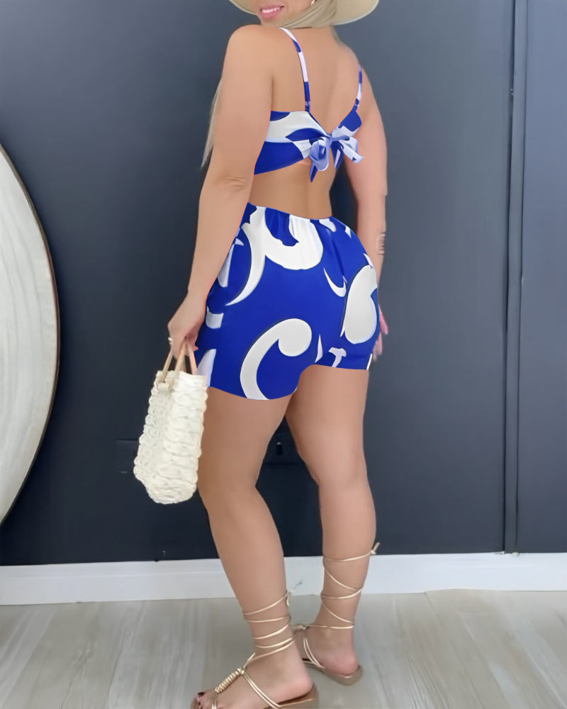 Floral Print Deep V-Neck Adjustable Spaghetti Straps Romper Casual Tied Back Cutout Slim Fit Skort Romper