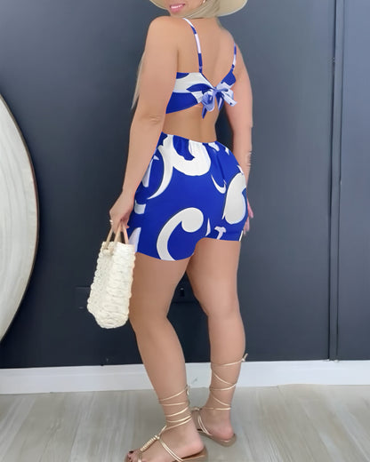 Floral Print Deep V-Neck Adjustable Spaghetti Straps Romper Casual Tied Back Cutout Slim Fit Skort Romper